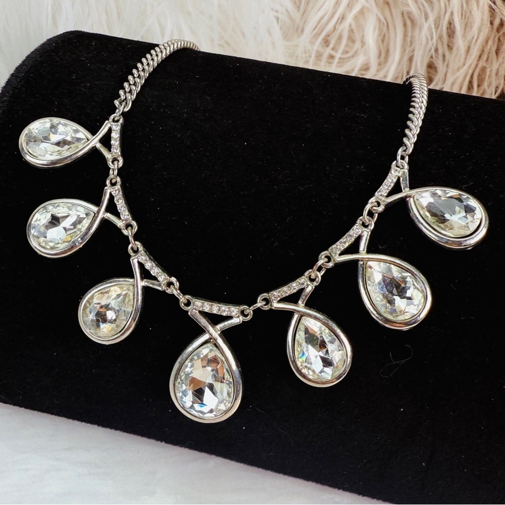 Vintage Silvertone clear bling Teardrop statement Necklace